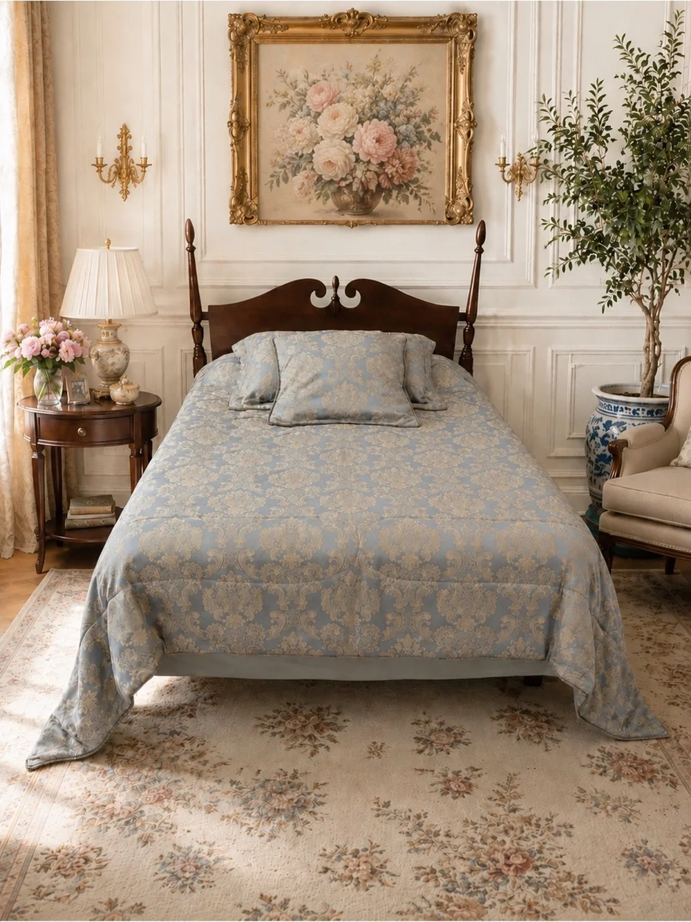 Luxury Vintage Blue Gold Beige Damask Comforter Set Grandmillennial